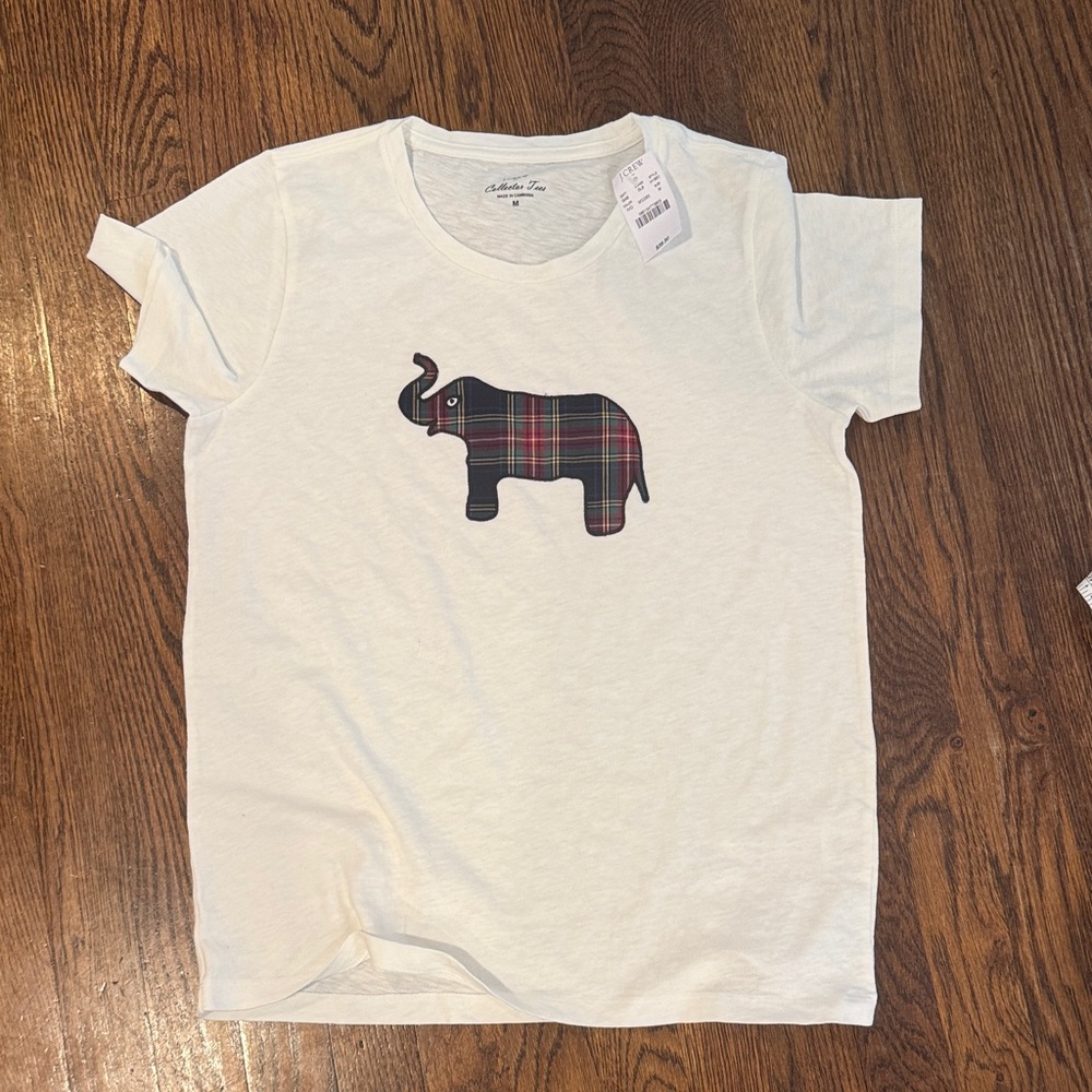 NWT Jcrew Cream T-Shirt with tartan Plaid Elephant